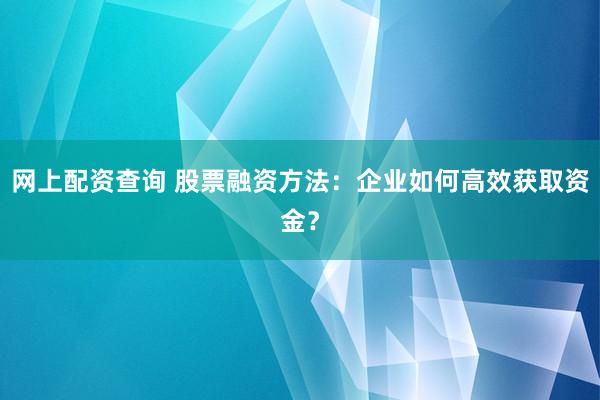 网上配资查询 股票融资方法：企业如何高效获取资金？