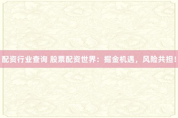 配资行业查询 股票配资世界：掘金机遇，风险共担！
